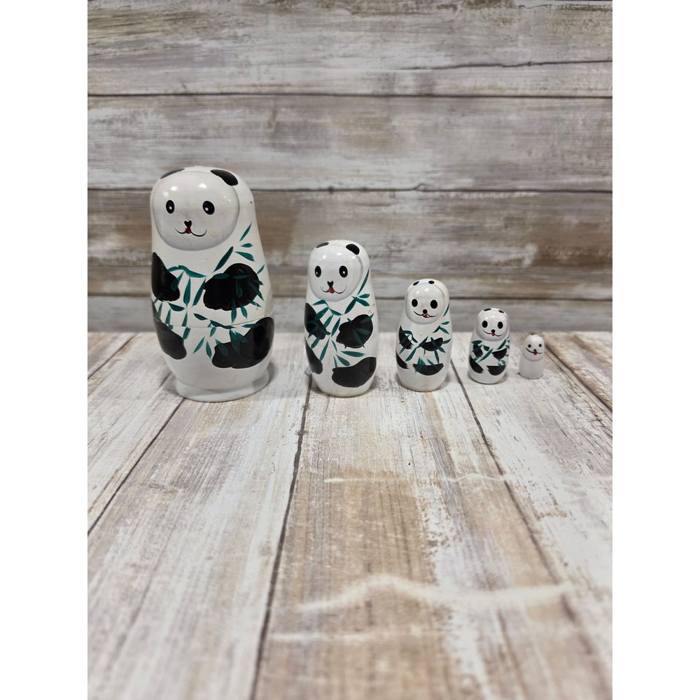 Panda Bear Wooden Nesting Dolls 5 Piece Hand Painted‎ Matryoshka Set White Black